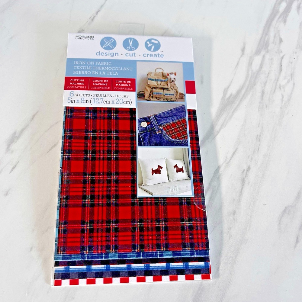 Horizon Group USA Iron on Plaid Black Red Blue White Fabric 6 Sheet 5"x8" HHH